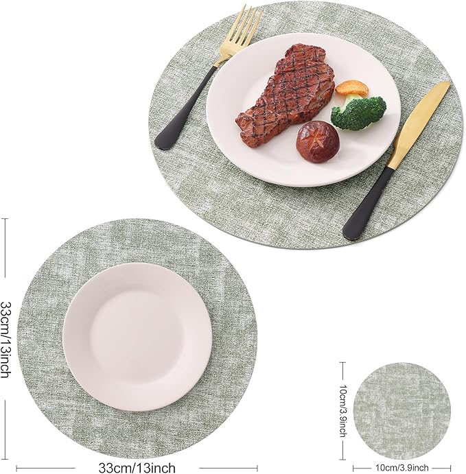 Homaxy Round Faux Leather Placemats and Coasters, Washable Dual-Side Table Mats, Wipeable Heat-Resistant Dining Place Mats for Outdoor and Indoor, Set of 6, Diameter 13 and 3.93 inch, Grass Green
