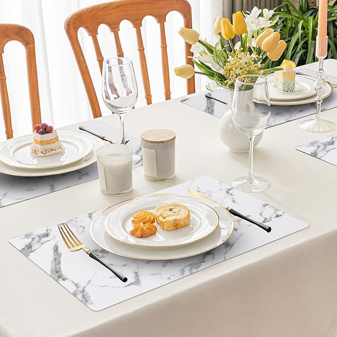 Romanstile Vinyl Placemats Set of 8-12 X 17 Inch - Heat Resistant Place Mats 100% Waterproof Oilproof Wipeable Reversible Faux Leather Table Mats for Kitchen, Dining, Party, Outdoor, Marble