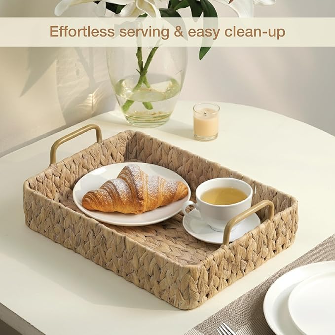 Set of 2 Rectangular Wicker Trays with Handles - Decorative Trays for Coffee Table, Ottoman, Dining Room, Living Room (White)