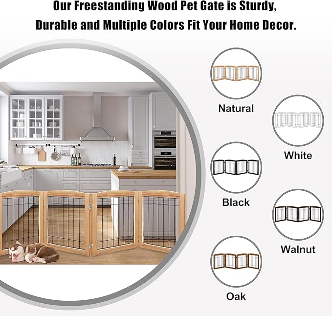 LZRS 4-Panel Extra-Wide Wooden Freestanding Dog Gate: Foldable Solid Wood and Steel Wire Chew Resistant Safety Barrier for Doorways, Stairs, and Large Open Spaces Indoor Use, Natural