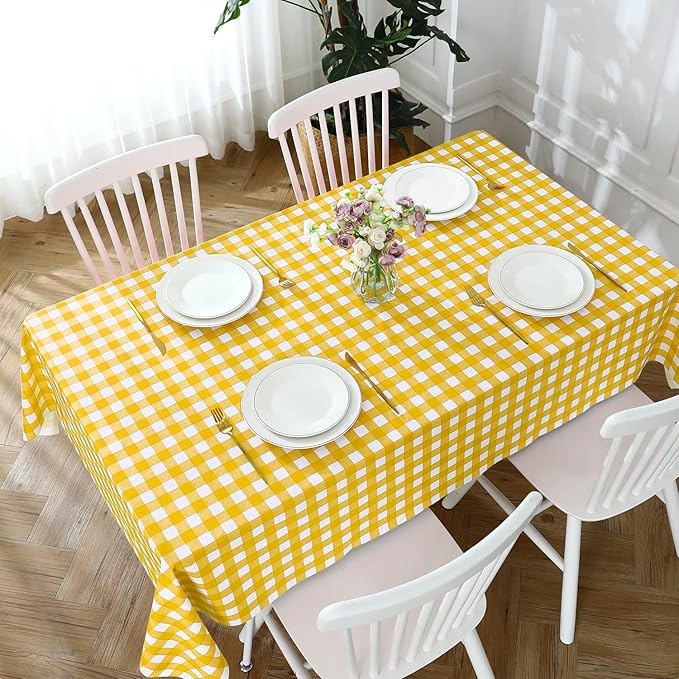 Romanstile Square Vinyl Tablecloth, 100% Waterproof Buffalo Gingham Plastic Table Cloth, Heavy Duty Wipeable Checkered Table Covers for Outdoor, Camping, Picnic, Patio - 54 x 54, Yellow and White