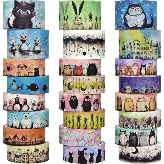 Cute Washi Tape Set - 24 Rolls Kawaii Animals Decorative Washi Tape for Scrapbooking Supplies, Bullet Journal Supplies, Junk Journal, Kids Art Craft Tape