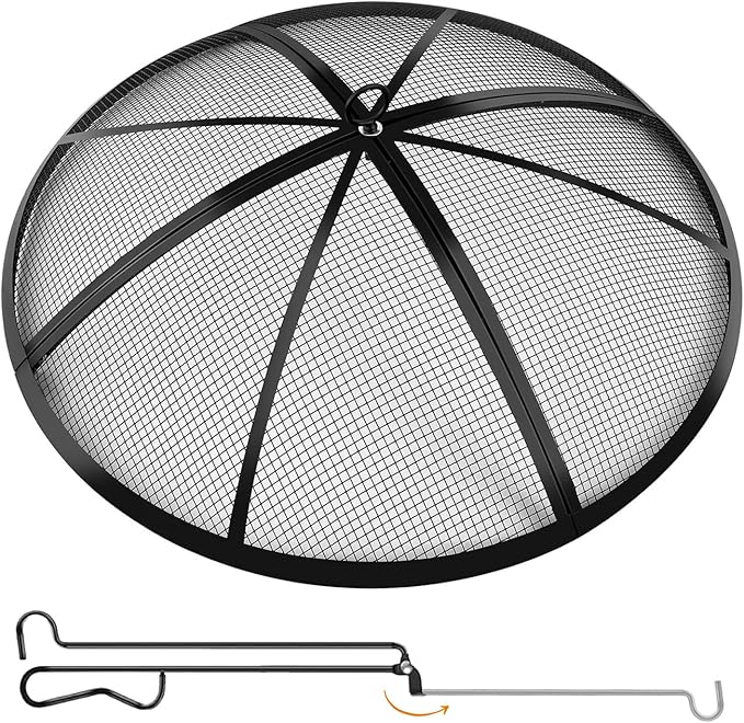 Fire Pit Spark Screen, Outdoor 27 Inch Round Fire Pit Screen with Foldable Hook and Fire Safety Gloves, Heavy Duty Steel Mesh Fire Pit Cover, Fire Pit Lid for Backyard, Beach, RV Camping