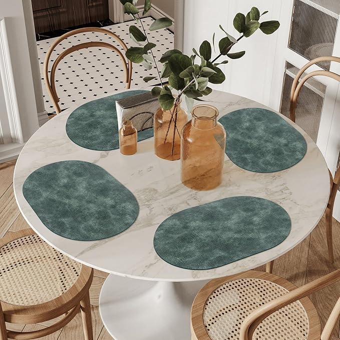 ADRIMER Placemats, Heat Resistant Oval Placemats Set of 4 Washable 12 x 17 Inch, Waterproof Table Mats, Wipeable Pu Place Mats for Kitchen, Dining Room, Blue & Green