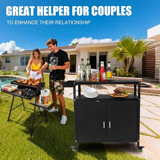 Grill Cart with Storage, Outdoor Bar Cart Rolling BBQ Cart Movable Pizza Oven Table Stand with Foldable Stainless Steel Top & Storage Cabinet, Black（34.6 x 17.7 x 34.6 Inch）