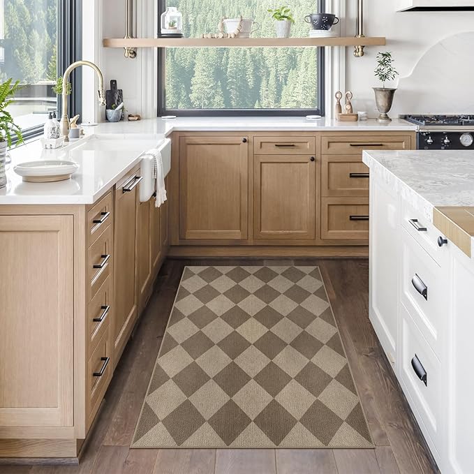 Easy Jute Checkered Entryway Rug, 2.6x4 Brown Modern Indoor Outdoor Doormat, Washable Non-Slip Neutral Kitchen Rug Farmhouse Diamond Throw Rugs for Entrance Bedroom Bathroom