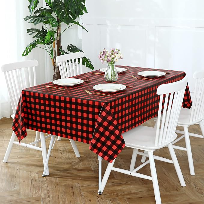 Romanstile Square Vinyl Tablecloth, 100% Waterproof Buffalo Gingham Plastic Table Cloth, Heavy Duty Wipeable Checkered Table Covers for Outdoor, Camping, Picnic, Patio - 54 x 54, Black and Red