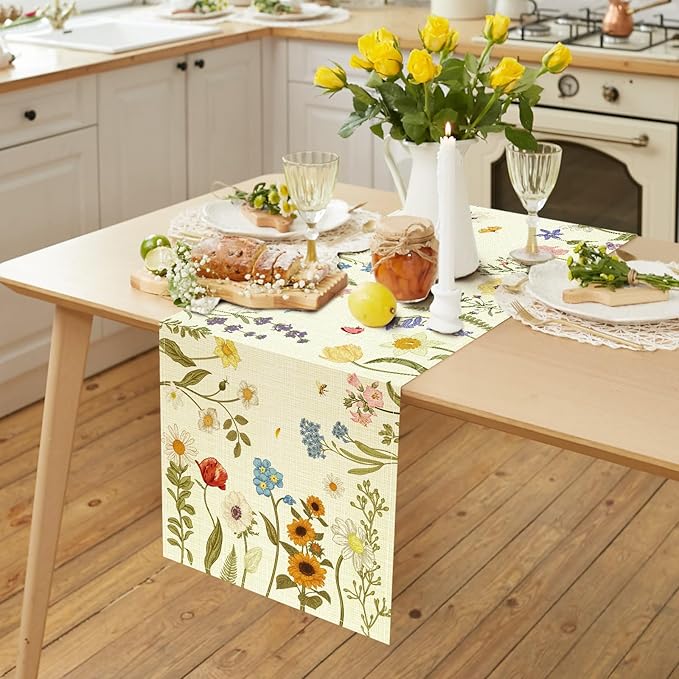 Summer Flower and Leaf Table Runner Seasonal Holiday Anniversary Indoor Outdoor Home Kitchen Table Party Decor (Colorful Flowers 4, 13×72 Inches)