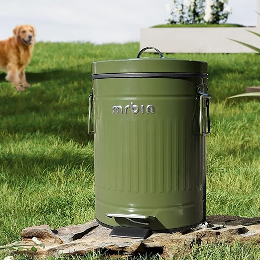 MRBIN Dog Poop Trash Can with Lid, 13L/3.4 Gal Round Pet Outdoor Waste Basket with Pedal, Step Touchless Garbage Pail for Outside Patio, Yard, Garage, Green Roman Stripe Design