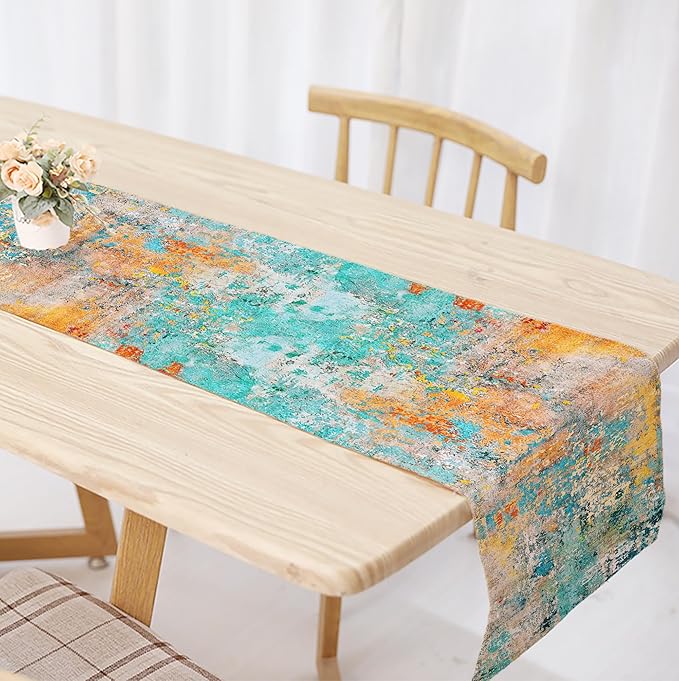 OYIMUA Modern Abstract Teal Yellow Colorful Table Runner 13 x 72 Inches Summer Runners for Tables Rustic Spring Fall Decorations for Home Indoor Outdoor Table Decor