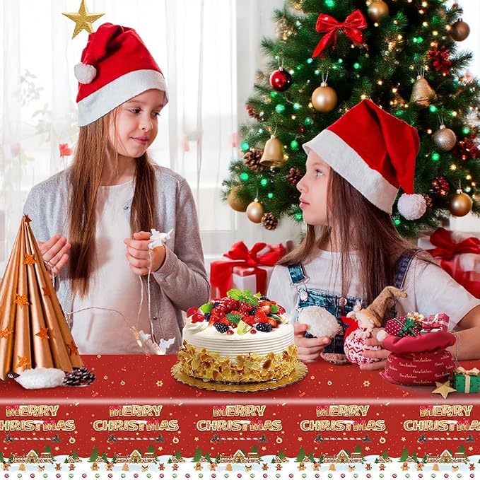 Merry Christmas Party Table Cloth Decorations Red Orange Gingerbread Plastic Xmas Tablecloths - 54x108inch Snowflake Christmas Tree Disposable Table Cover for Holiday Indoor Outside Home