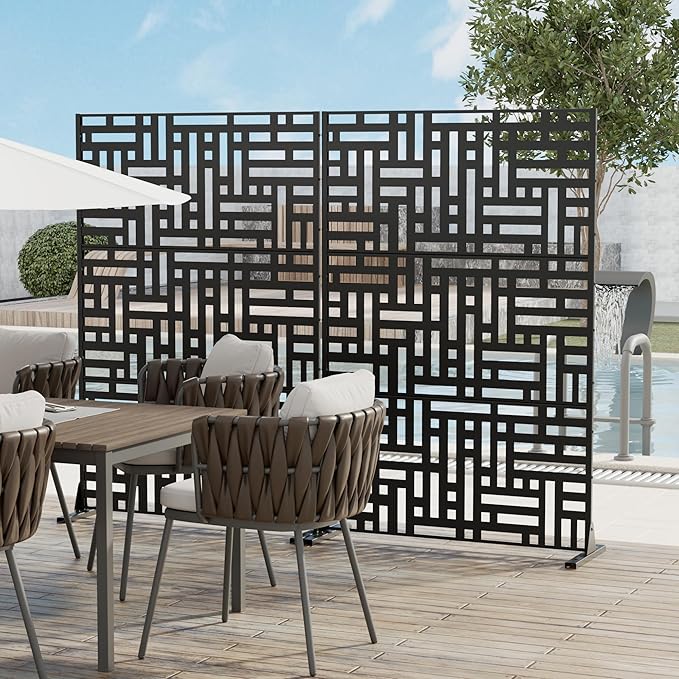 Casaphoria Privacy Screen 72" H x 45" W Metal, 2 Pack Outdoor Freestanding Decorative Divider for Patio & Garden with Stable Base, Black-Helen