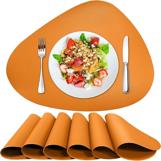 Herda Faux Leather Fall Placemats Set of 6 Wipeable Washable Place Mats for Round Table Non-Slip Table Mats for Kitchen Dining Patio Heat Resist Easy to Clean Orange Placemats