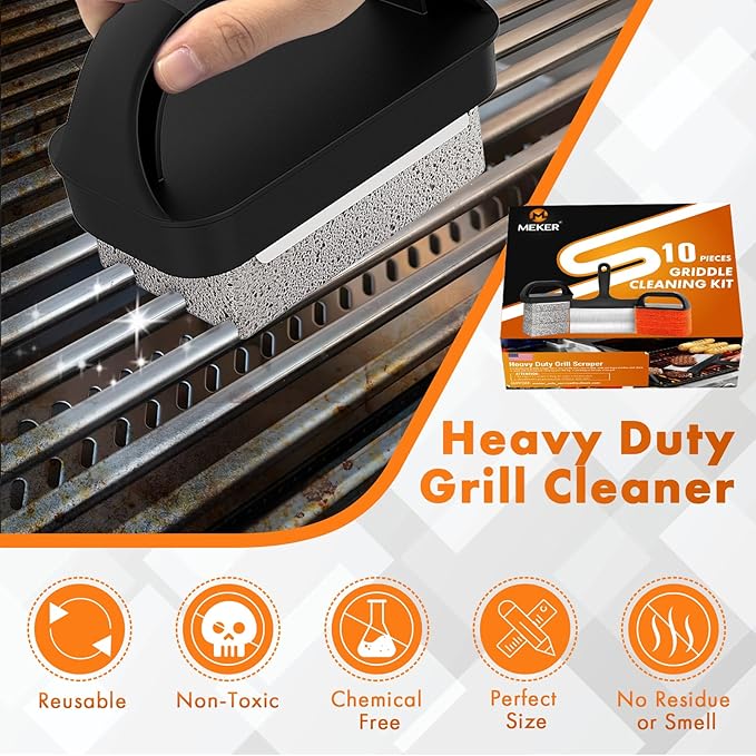 MEKER Griddle Cleaning Kit for Blackstone, Flat Top Grill Cleaning Kit with Grill Stone, Upgraded Scouring Pads & Griddle Scraper & Brush with Handle - Easy to Remove Stain (10 PCS)