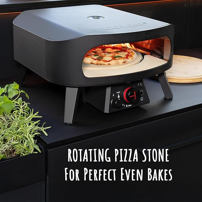 17" Gas Pizza Oven with Rotating Pizza Stone for Easy Restaurant-Style Pizza at Home – Triple Burner, Built-In Thermometer, Fast 15-Min Preheat, Portable Outdoor Pizza Oven
