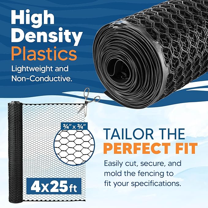 Plastic Hex Chicken Wire Mesh Garden Fence Roll (4' x 25' - Black) - Versatile Poultry Netting and Garden Fence for Temporary or Semi-Permanent Enclosures, Deer Fencing, and Construction Barriers