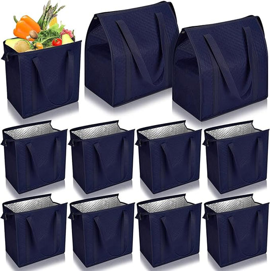 10 Pack Large Insulated Grocery Bags Reusable Shopping Bags with Zippered Top 13 x 12 x 7 Inch Thermal Cooler Totes Bulk with Handles for Hot Cold Food Delivery Refrigerator(Navy Blue)