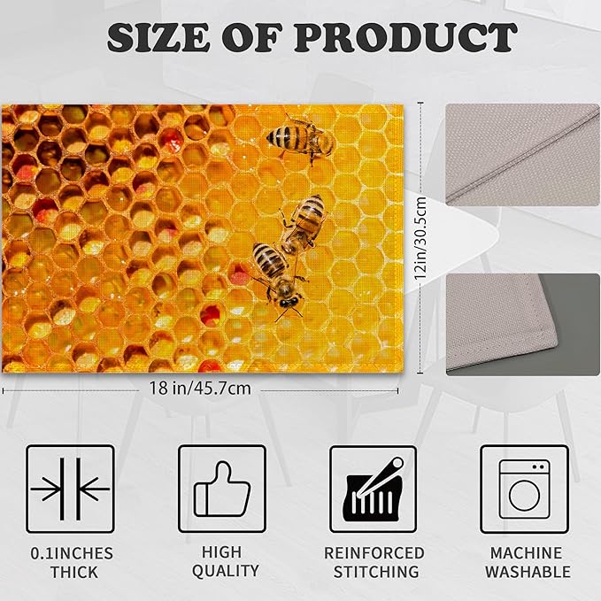 Honey Bee Placemats Set of 6 Linen Heat Resistant,Yellow Honeycomb Table Mats Washable Rustic Place Mats Decoration for Home Kitchen Dining Room Party 12x18 Inch
