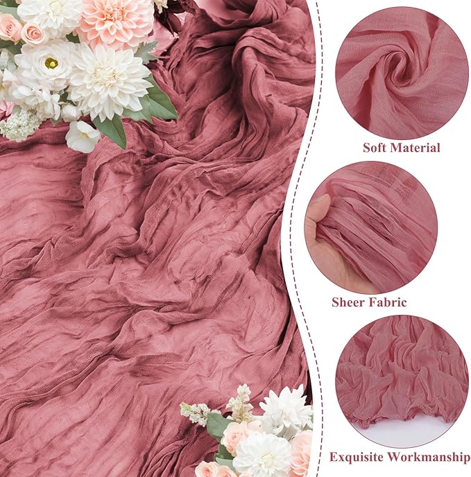 8 Packs Cheesecloth Table Runner 10FT Long Boho Gauze Fabric Table Runner Vintage Rustic Sheer Runners for Wedding Party Bridal Baby Shower Table Decorations (Dusty Rose)