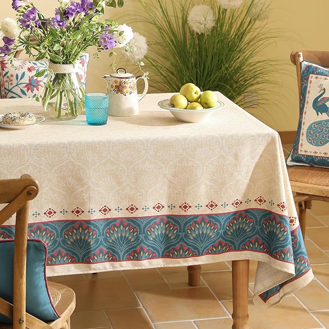 Vintage Beige Linen Extra Long Rectangle Tablecloth,Paisley Farmhouse Feather Pattern Table Cloth,Decor Table Cover for Kitchen,Dining,Thanksgiving,Christmas,63"*110"-Dorodango F