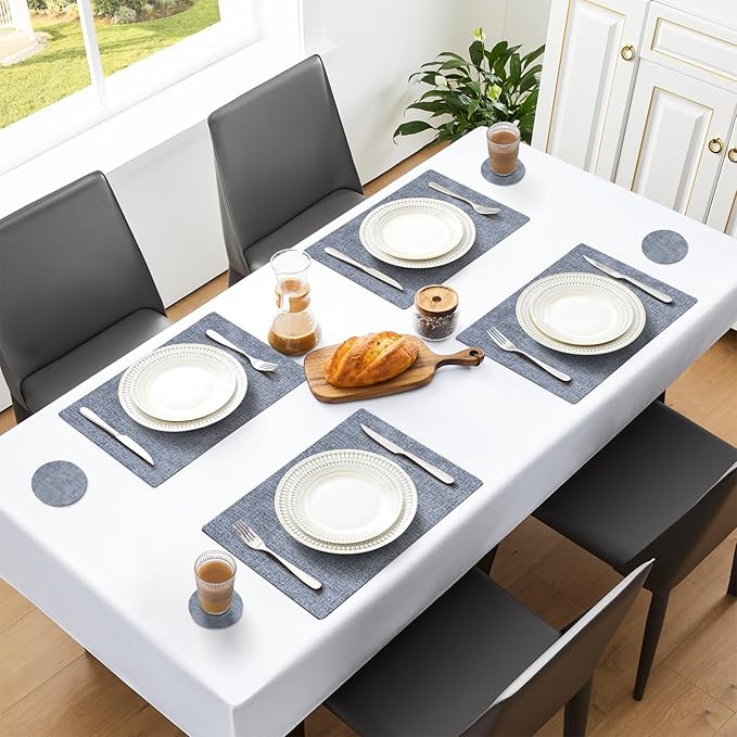 MOSAYT Placemats Set of 4, Heat Resistant Vinyl Place Mats with Coasters, 100% Waterproof Wipeable Washable Faux Leather Table Mats for Kitchen Dining Party Indoor Outdoor, 12" x 17", Sky Blue