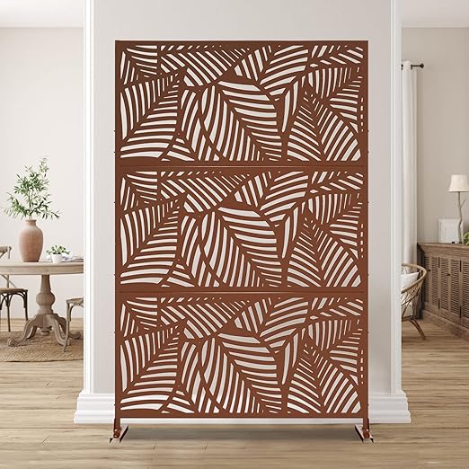 Casaphoria 72" H x 47" W Metal Outdoor Privacy Screen, Freestanding Decorative Divider for Patio, Deck, Balcony, and Garden with Stable Base, Brown Leaves