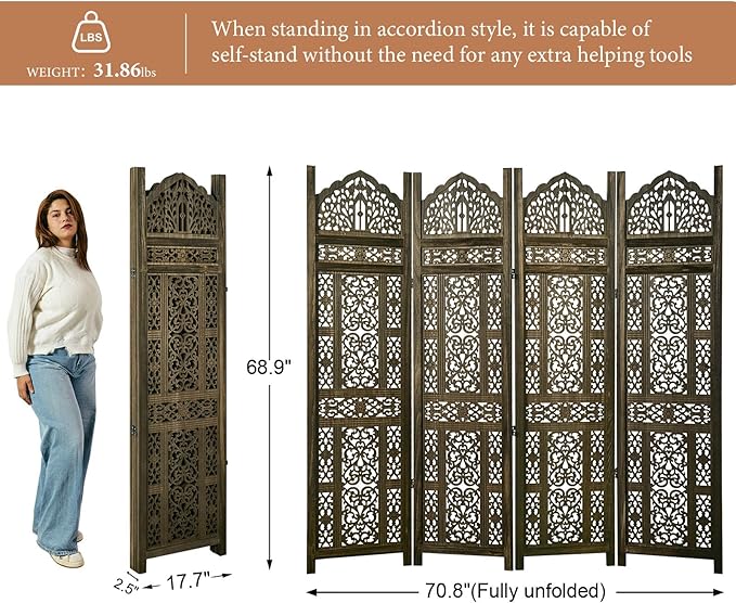 5.75Ft Room Divider Wood Screen, 33Lbs Durable Antiqued Style MDF Carved Headboard, Reversible Freestanding Folding Partition Paravent for Home Terrace, 69 * 71 inch(H*W) - 4 Panels (Antique Brown)