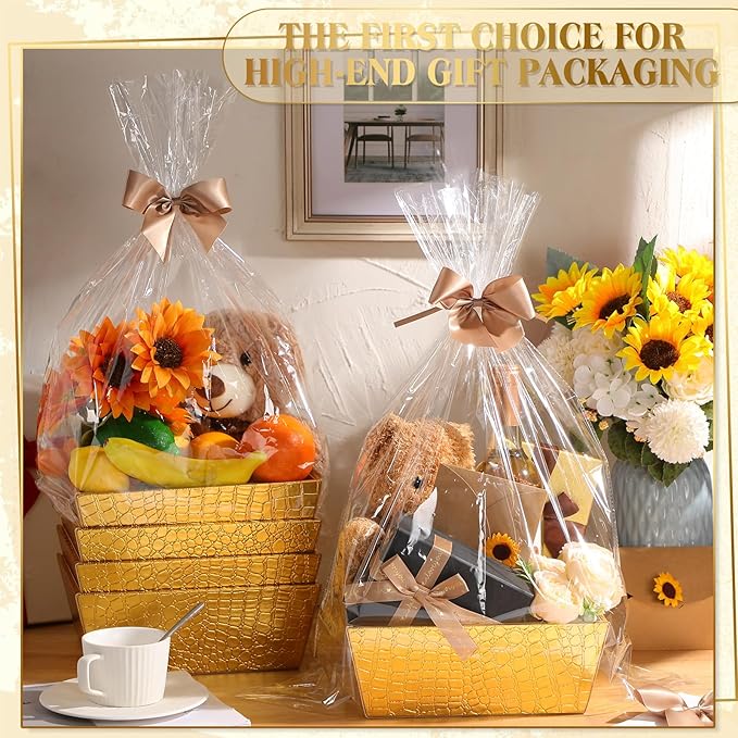 Wonderjune 20 Pcs Valentines Day Gift Baskets Empty To Fill Baskets For Gifts Empty With Gift Bag Bow Valentines Gifts Storage Basket Bulk for Wedding Party Wrapping(Gold)