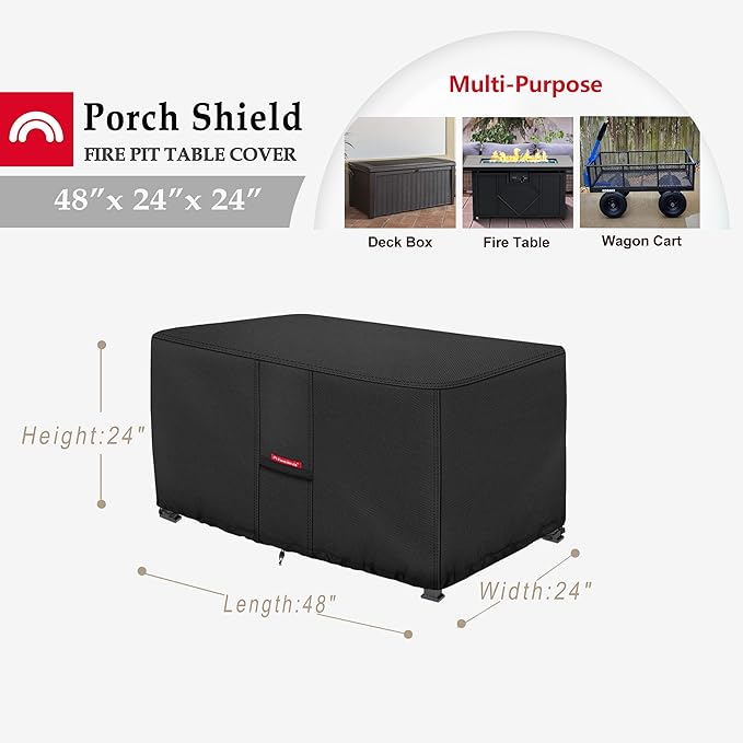 Porch Shield Patio Fire Pit Cover - Waterproof 600D Outdoor Rectangular Fire Table Cover Deck Box Protector - 48 x 24 inch, Black