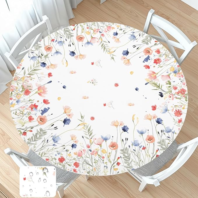 Spring Summer Floral Round Fitted Tablecloth with Elastic Watercolor Farmhouse Wildflower Circle Table Cloth for 36-40" Tables Wipeable Waterproof Easter Flower Table Cover for Picnic Dining Outdoor