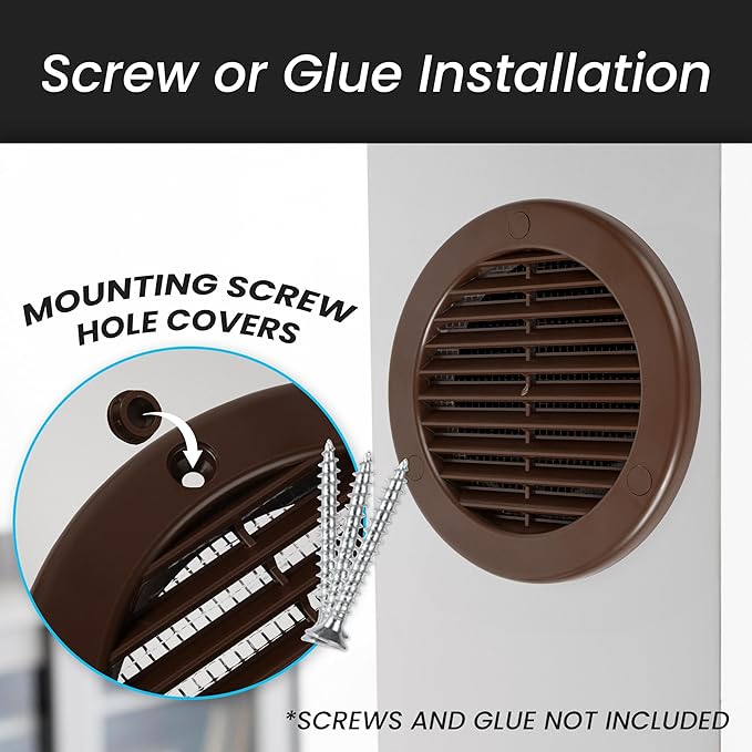 Repa Market 4 Inch (Opening) Brown Round Air Vent Cover - Pack of 5 Plastic Fresh Air Intake Vent - Grill Cover with Nylon Mesh Screen - Wall or Ceiling HVAC Return Air Register - Modern Soffit Vents