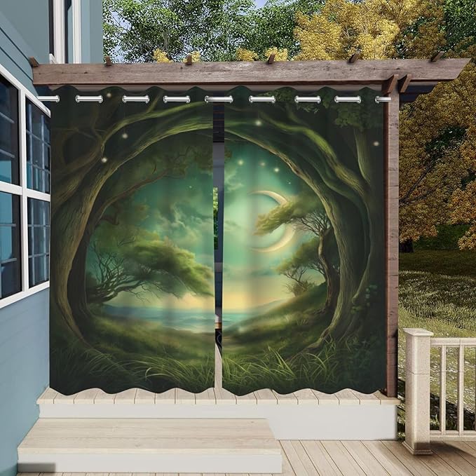 Forest Theme Waterproof Outdoor Curtains for Patio,Trees Moon Lake Pattern,UV and Fade Resistant Outside Curtains for Gazebo, Front Porch, Pergola,2 Panels,36 x 84 inch,Green