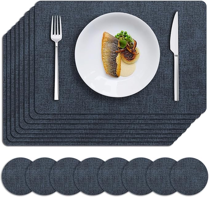 MOSAYT Placemats Set of 8, Heat Resistant Vinyl Place Mats with Coasters, Wipeable Washable 100% Waterproof Oil Proof Faux Leather Table Mats for Kitchen Dining Party Outdoor, 12" x 17", Navy Blue