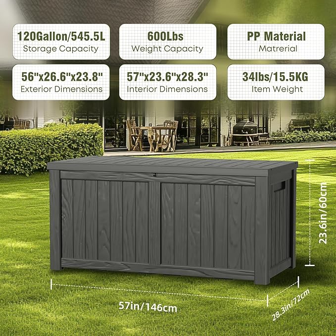 DRATO 120 Gallon Large Deck Box, Outdoor Storage Box for Patio Furniture, Patio Cushions, Gardening Tools, Pool Supplies,660lbs Weight Capacity,Waterproof Resin Storage Boxes（Black，120 Gallon）