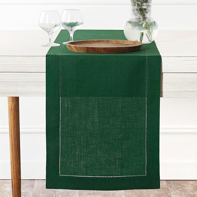 D'Moksha Homes Linen Forest Green Table Runner 132 Inches Long - 100% Pure Linen Extra Long Table Runner 14 x 132 Inch for St Patricks Day, Easter - Classic Hemstitch