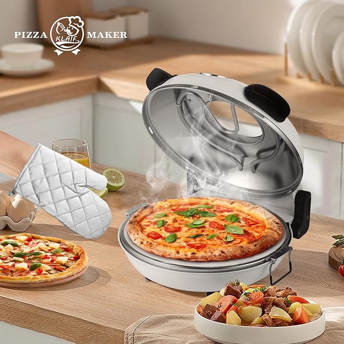 KLAIF 12" Electric Countertop Pizza Oven Indoor With Ceramic Stone, Dual Adjustable Temperature Controls, Includes 4 Pizza Tools, LMR-White