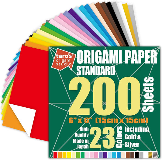 [Taro's Origami Studio] Standard 6 Inch One Sided 23 Colors 200 Sheets Square Easy Fold Premium Japanese Paper for Beginner (Gold and Silver Included)