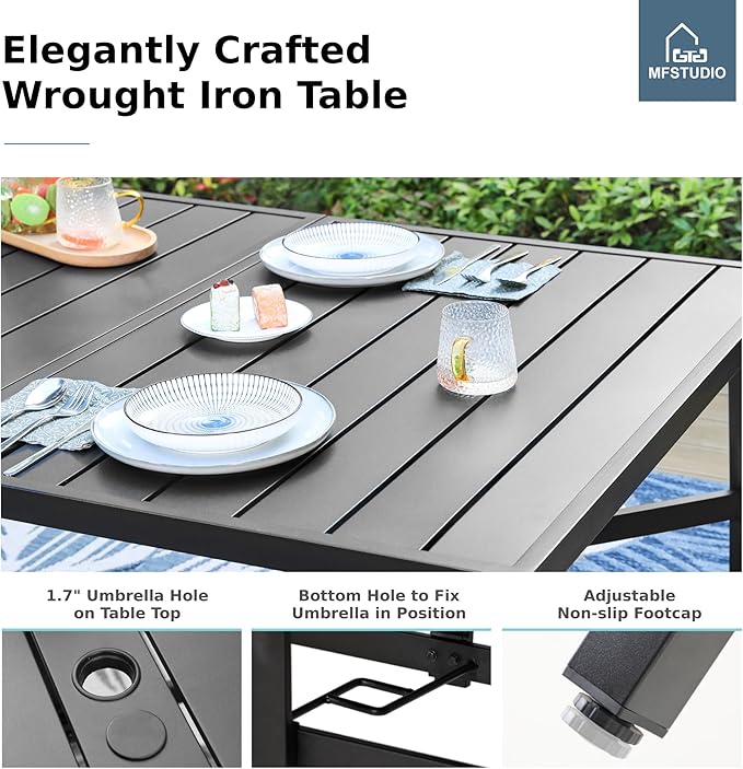 MFSTUDIO Outdoor Dining Set for 8, Patio Table and Chairs Set with Umbrella Hole, 9 Piece Metal Patio Dining Sets, Outdoor Patio Furniture Set for Deck Backyard Poolside Garden