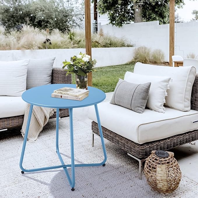 Small Patio Side Table, Round Metal Side Table, Weatherproof, Portable, Outdoor End Table for Garden, Balcony, Yard (Peacock Blue)