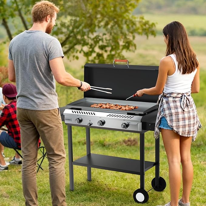 Veralune 3 Burner Propane Stove with Griddle, 225,000 BTU High Pressure Propane Stove with Auto Ignition Button, Outdoor Cooking Stove for Camping, Backyard, Patio, Cooking, BBQ