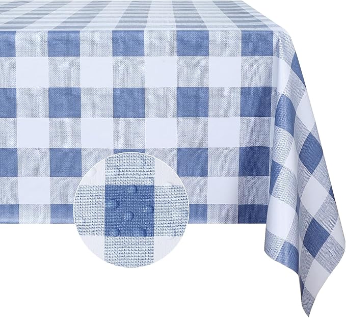 Romanstile Gingham Rectangle Plastic Tablecloth, 100% Waterproof Checkered PVC Table Cloth, Heavy Duty Vinyl Table Cover for Dining, Camping, Picnic, Outdoor - 54 x 120 Inch, Light Blue and White