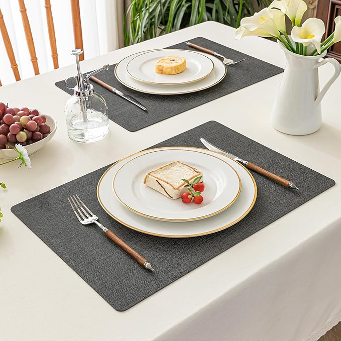 Romanstile Vinyl Placemats Set of 6-12 X 17 Inch - Heat Resistant Place Mats 100% Waterproof Oilproof Wipeable Reversible Faux Leather Table Mats for Kitchen, Dining, Party, Outdoor, Charcoal