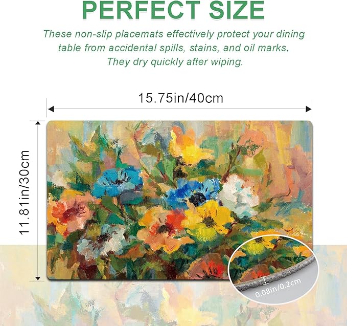 Spring Floral Placemats Set of 4 - Faux Leather Heat Resistant Placemats for Dinner Table, Non-Slip Waterproof Oil-Proof Washable Reusable Placemat for Indoor Outdoor Kitchen, 15.75In*11.81In