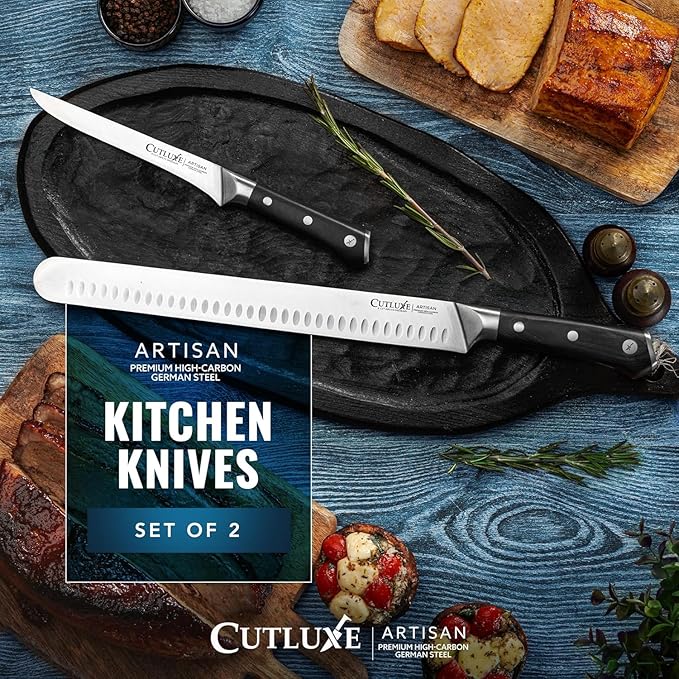 Cutluxe Carving Knife Set for BBQ & Brisket – Razor Sharp German Steel Slicing and Boning Knife for Meat Cutting, Full Tang & Ergonomic Handle, Grilling Gifts for Men – Artisan Series