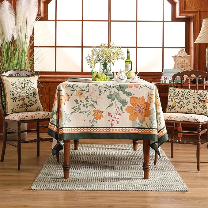 French Small Tablecloth for Rectangle Table,Linen Orange Floral Wrinkle Resistant Tablecloths,Decorative Table Cover for Kitchen,Dining,Tea Party,Thanksgiving,Christmas,55"*71"-Milch