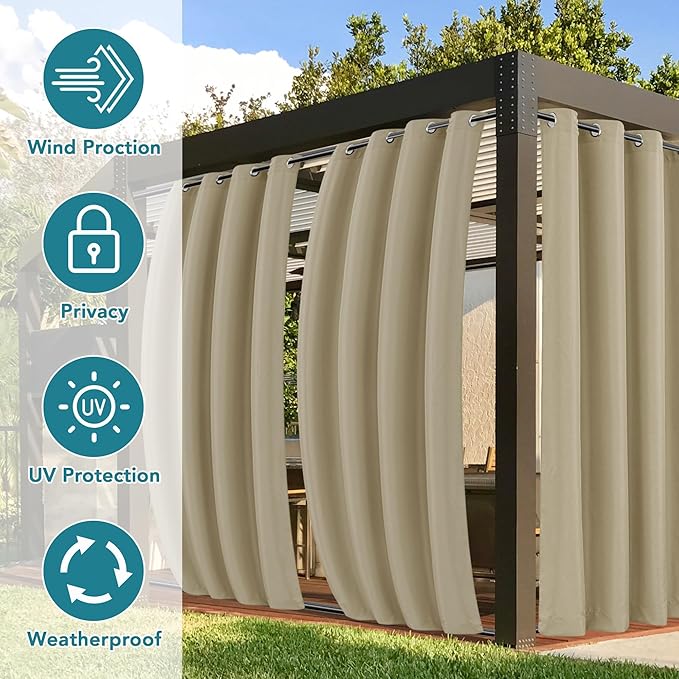 HolidayIdeas Outdoor Curtains for Patio Waterproof-4 Panels Windproof Weatherproof Privacy Curtains-Grommet Top and Tab Bottom Drape for Gazebo, Porch, Pergola, Cabana, Backyard 54x108 Inch Taupe