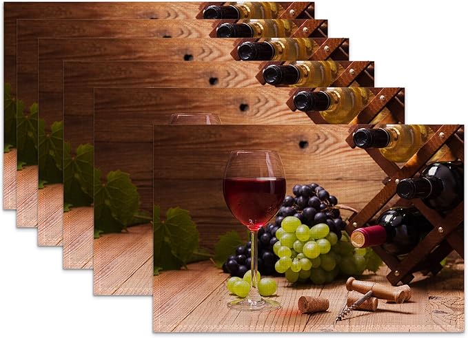 Red Wine Grapes Placemats for Dining Table Set of 6,Glass Cup Place Mats for Home Party Kitchen Indoor Holiday Rustic Washable Heat Resistant Table Mats 12 x 18 Inch