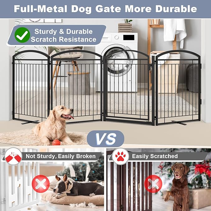 Full Metal Free Standing Dog Gate with Door for Indoor & Outdoor,96'' Extra Wide 32'' Tall Dog Gate for The Doorways,Large Openings,Decks,Porch,Pet Freestanding Safety Fence(4 Panels,Black)