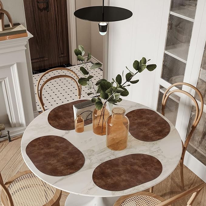 ADRIMER Placemats, Heat Resistant Oval Placemats Set of 12 Washable 12 x 17 Inch, Waterproof Table Mats, Wipeable Pu Place Mats for Kitchen, Dining Room, Brown