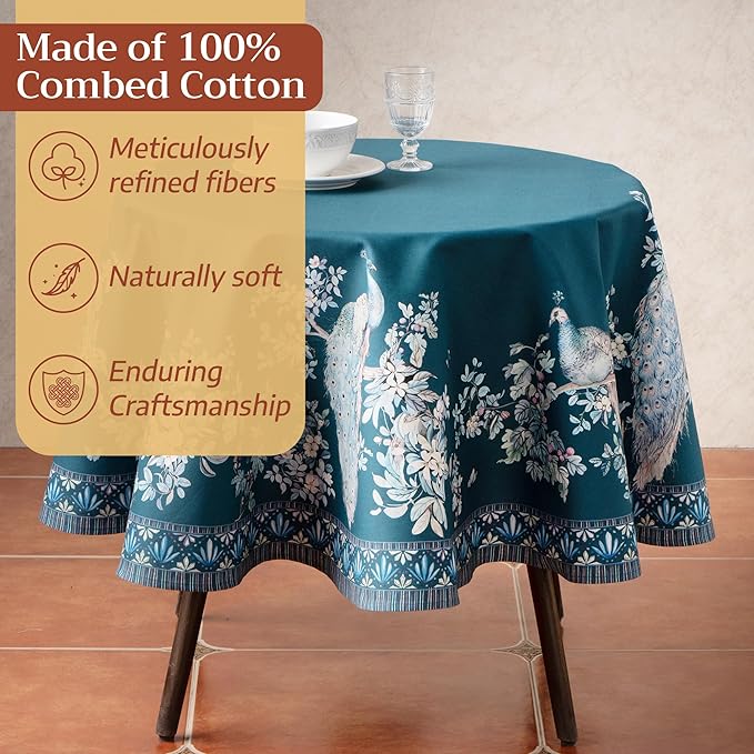 Maison d' Hermine Premium Table Cloth Round Table 100% Combed Cotton 70" Diameter Inches Tablecloth Reusable Decorative for Dining Room, Farmhouse, Party, Festive & Wedding - Peacock Utopia - Deep Sea